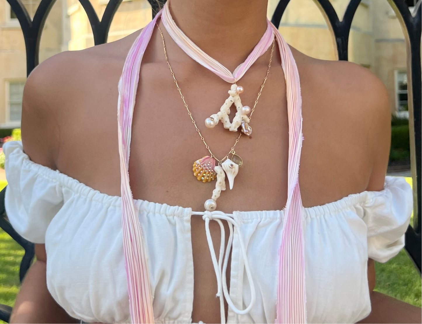 Seashell and Coral Long Charm Necklace