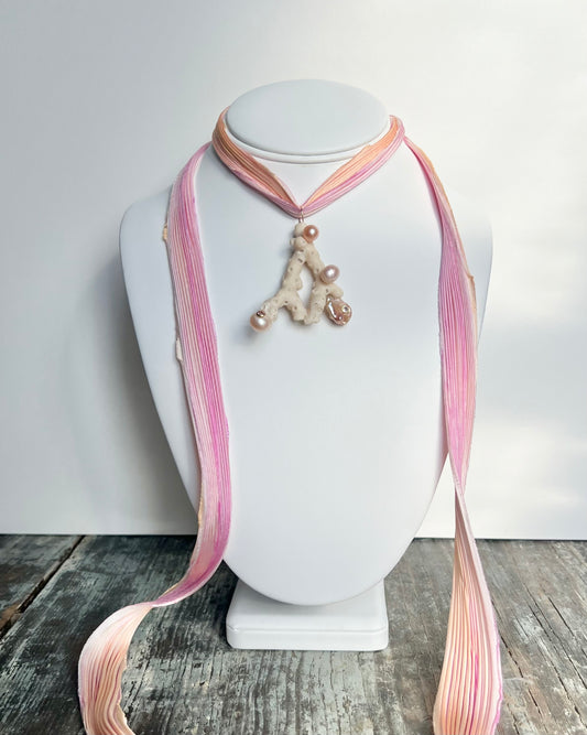 Coral and Pearl Pendant on Ombré Silk Scarf Necklace