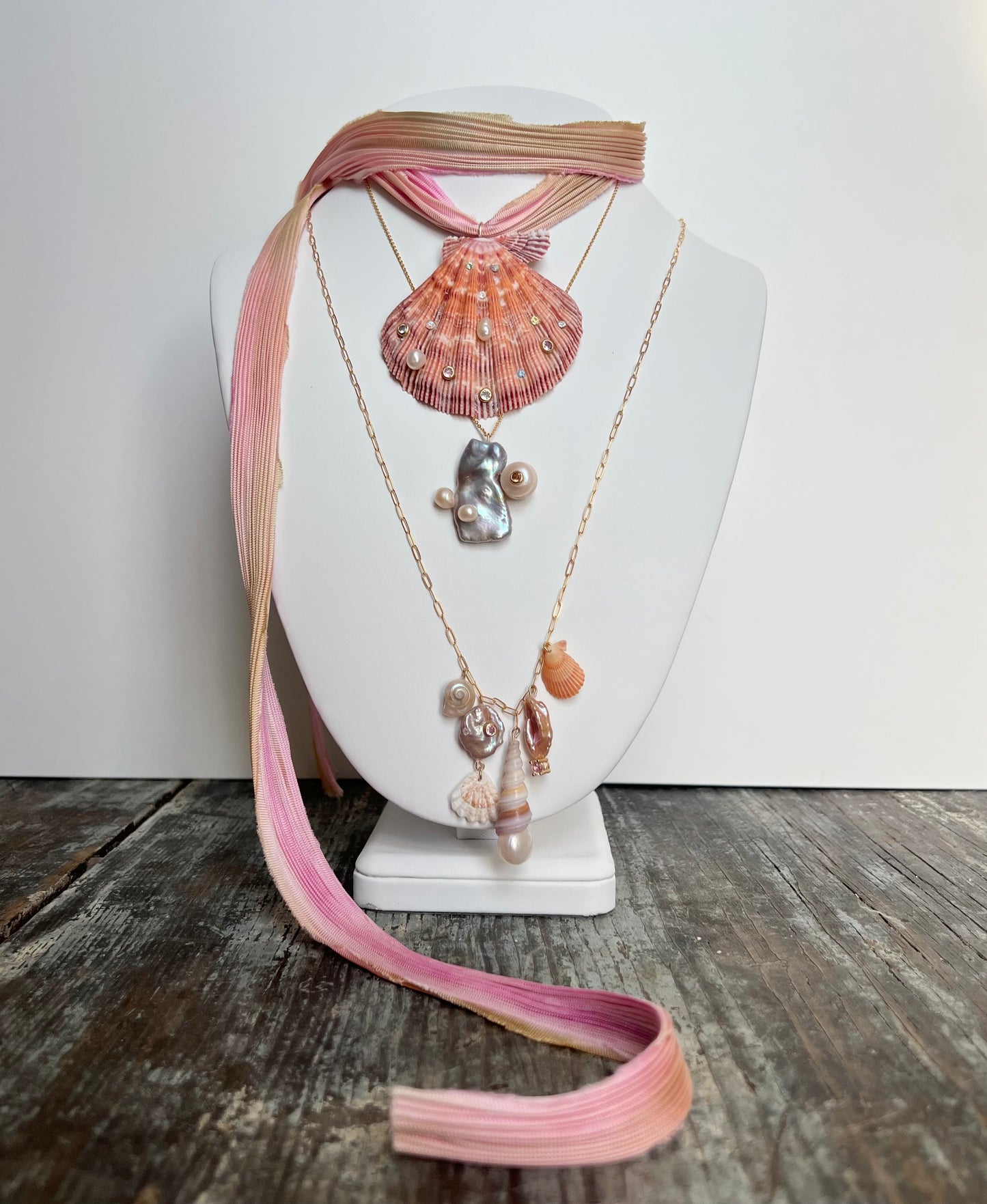 Shell Pendant Necklace on Ombré Silk