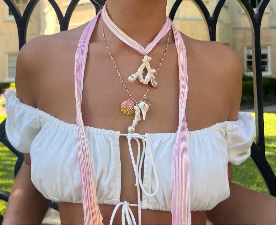 Coral and Pearl Pendant on Ombré Silk Scarf Necklace