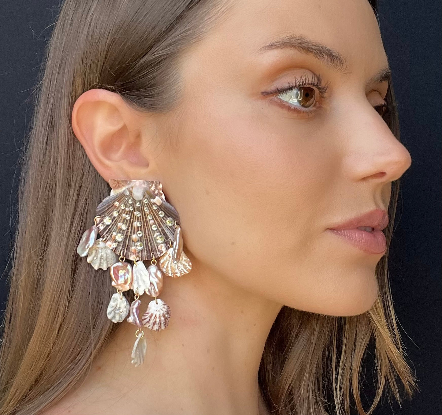 Pearl and Shell Statement Chandelier Earrings