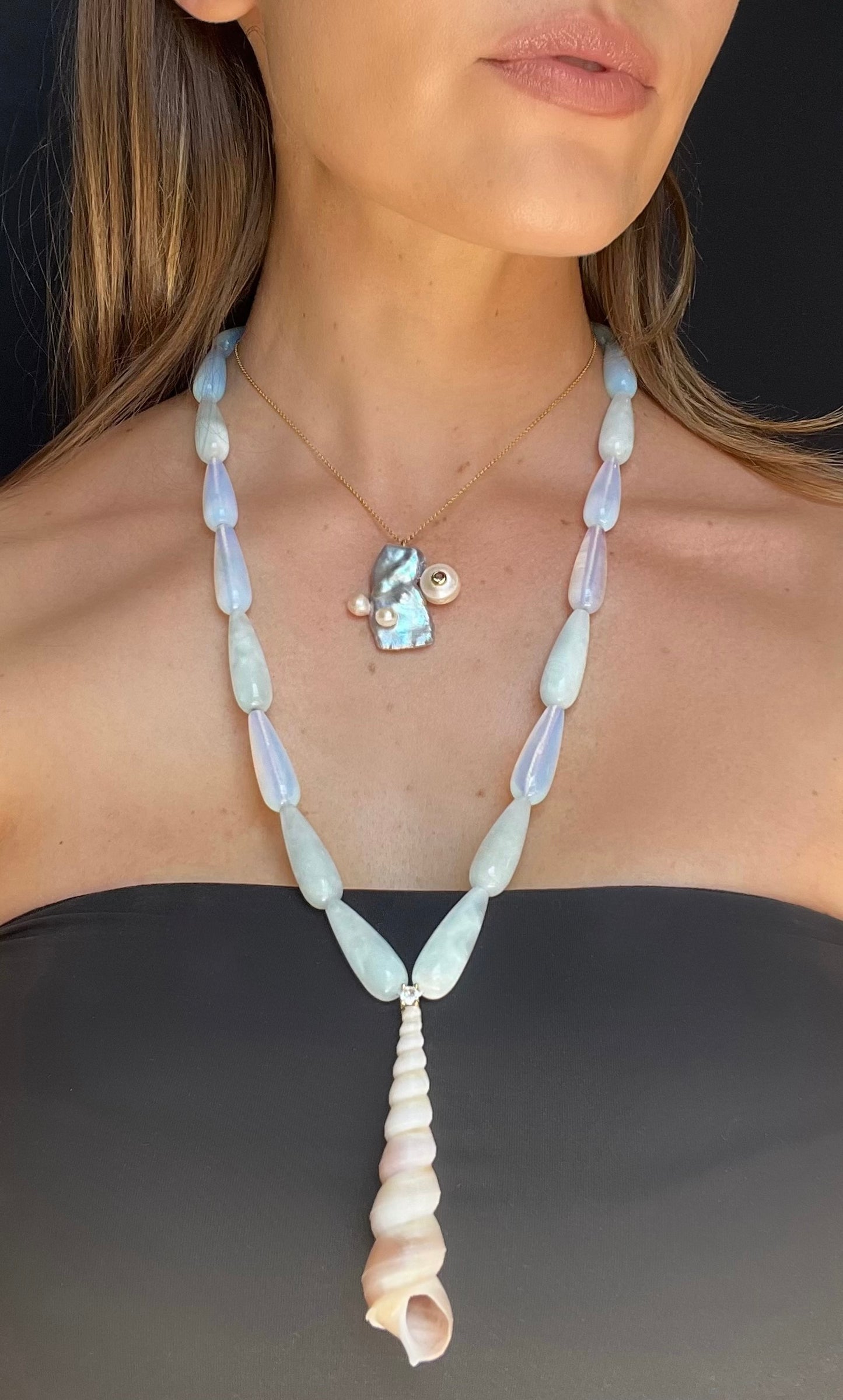 Shell and Opal Beaded Pendant Necklace